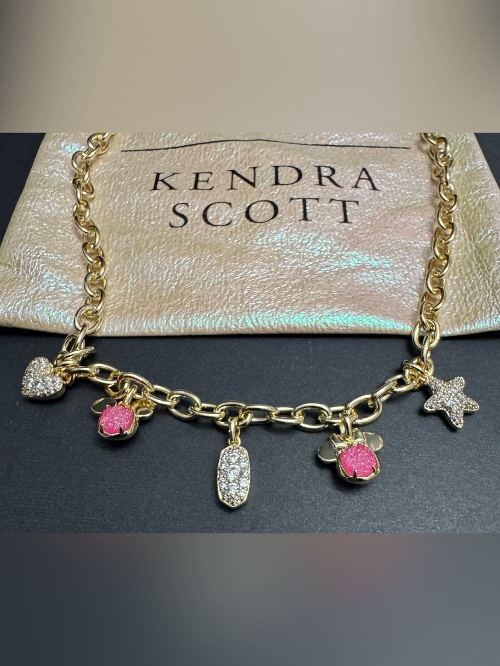 Kendra Scott X Disney Mickey Minnie Mouse Pink Drusy Pendant Gold Necklace NWT - Picture 2 of 14